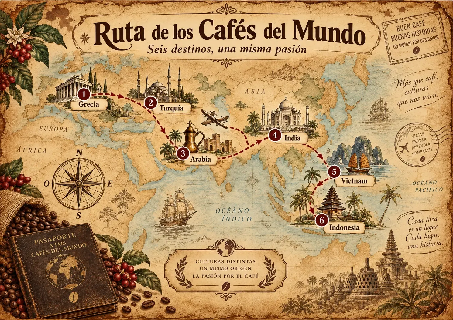 Ruta ilustrada de los Cafés del Mundo